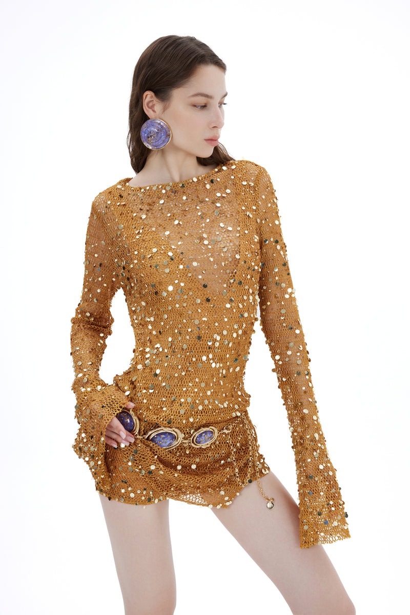 FISHNET MINI DRESS WITH SEQUIN EMBROIDERY