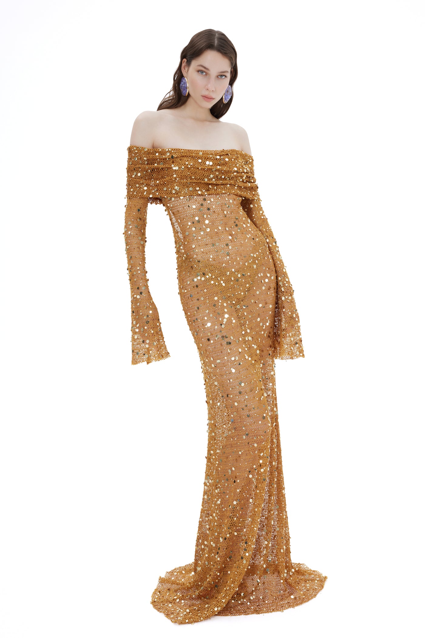 OFF SHOULDER FISHNET MAXI DRESS WITH SEQUIN EMBROIDERY – Fardaofficial