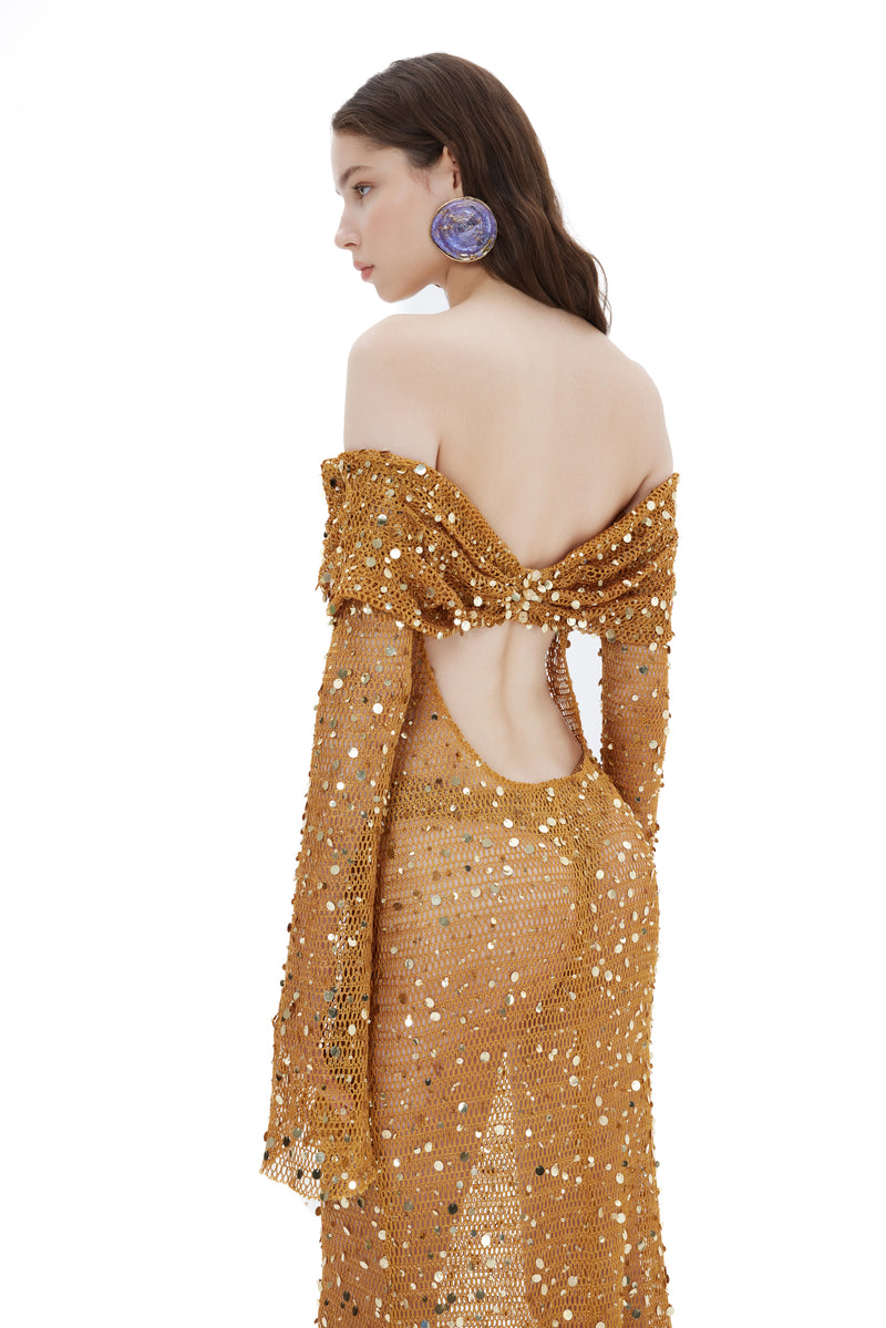 OFF SHOULDER FISHNET MAXI DRESS WITH SEQUIN EMBROIDERY Fardaofficial OFF SHOULDER FISHNET MAXI DRESS WITH SEQUIN EMBROIDERY Fardaofficial