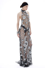 HANDMADE FISHNET MAXI DRESS WITH SEQUIN FLOWER EMBROIDERY