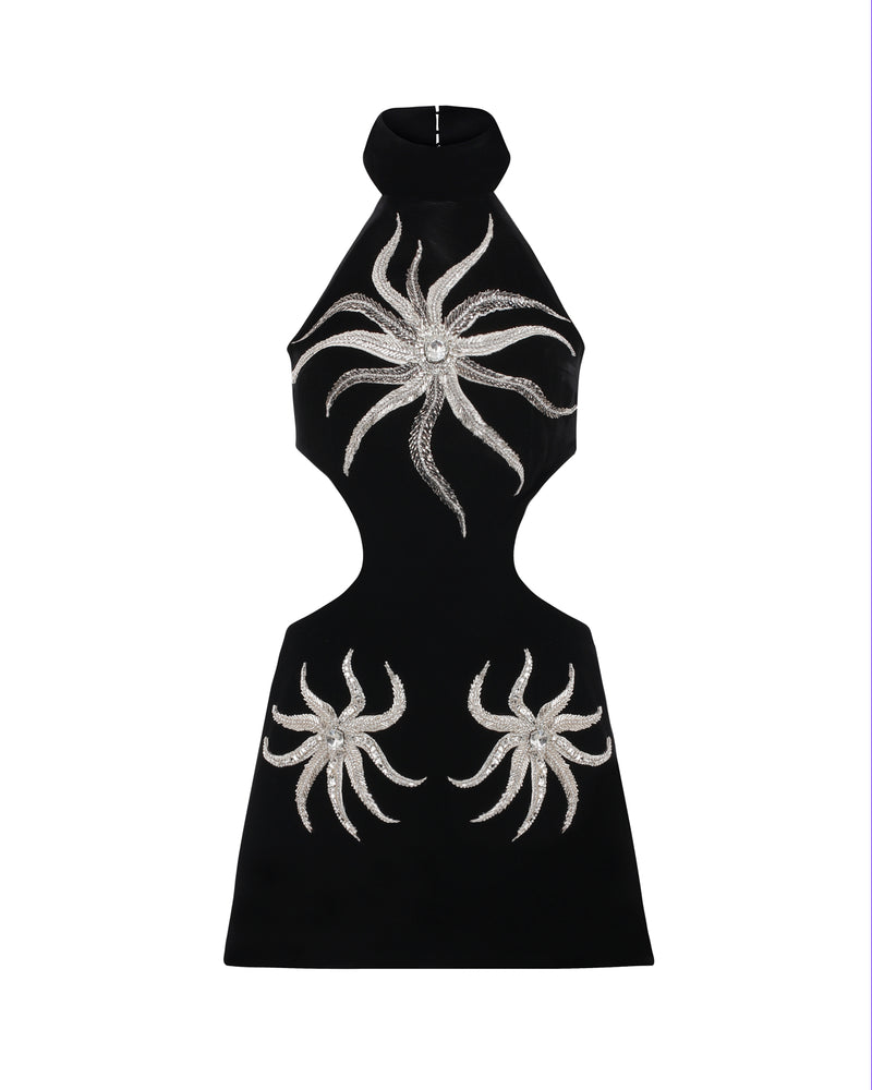 HALTER NECK VELVET MINI DRESS WITH FARDA FLOWERS