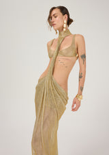 GOLD ARMORED DRESS WITH MIDRIFF CUTOUTS