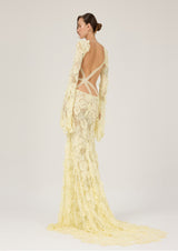 LIGHT YELLOW MAXI DRESS WITH 3-D FLORAL EMBROIDERY