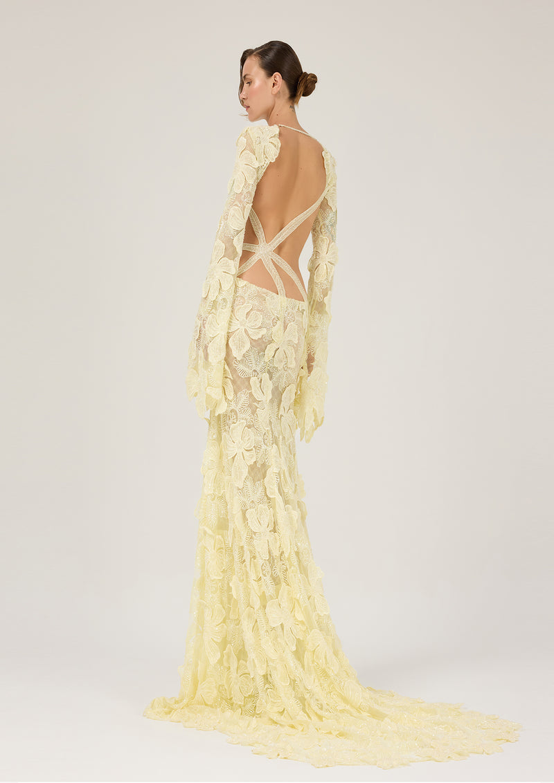 light yellow maxi dress Kenna Satin Strapless - US 12 Halterneck maxi dress Backless with clasped straps Cut LIGHT YELLOW MAXI DRESS WITH