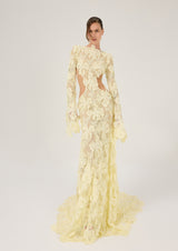LIGHT YELLOW MAXI DRESS WITH 3-D FLORAL EMBROIDERY