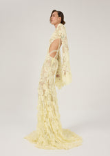 LIGHT YELLOW MAXI DRESS WITH 3-D FLORAL EMBROIDERY