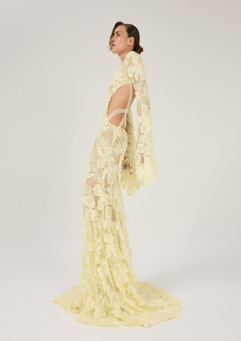 LIGHT YELLOW MAXI DRESS WITH 3-D FLORAL EMBROIDERY