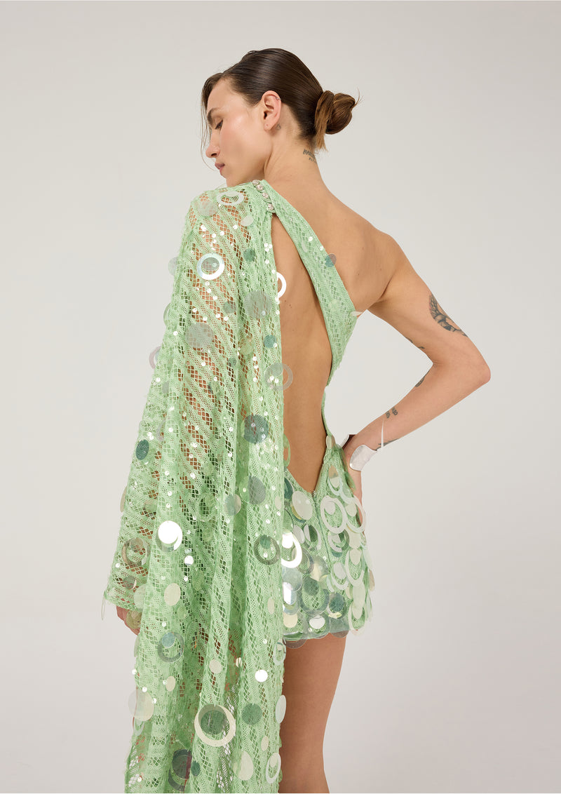 MINT STRIPED SINGLE CAPE SLEEVE MINI DRESS – Fardaofficial