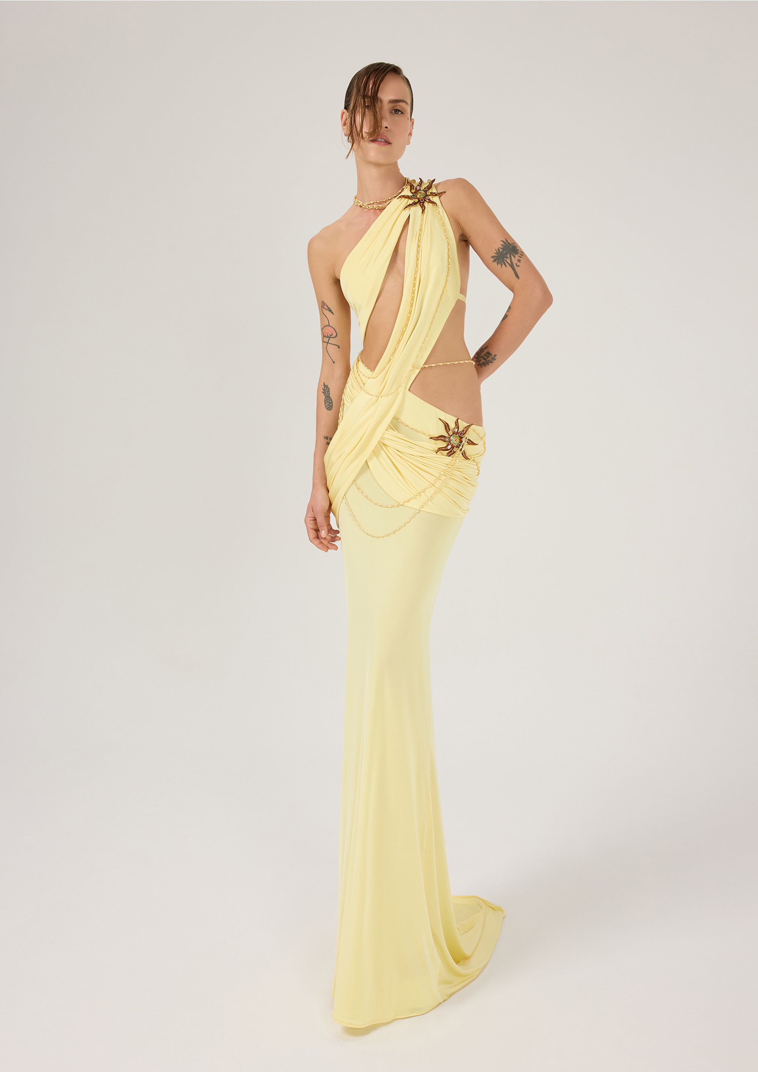 ONE SHOULDER MAXI DRESS WITH FARDA FLOWERS DETAILS – Fardaofficial