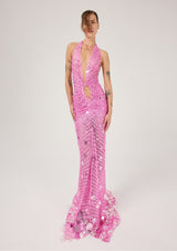 PINK STRIPED LACE TRANSPARENT MAXI DRESS