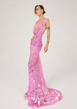 PINK STRIPED LACE TRANSPARENT MAXI DRESS