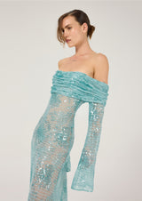 OFF-SHOULDER FISHNET MAXI DRESS