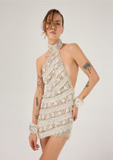 WHITE FLORAL GUIPURE MINI DRESS