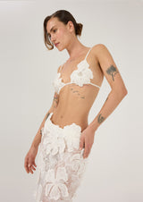 WHITE SKIRT WITH 3-D FLORAL EMBROIDERY
