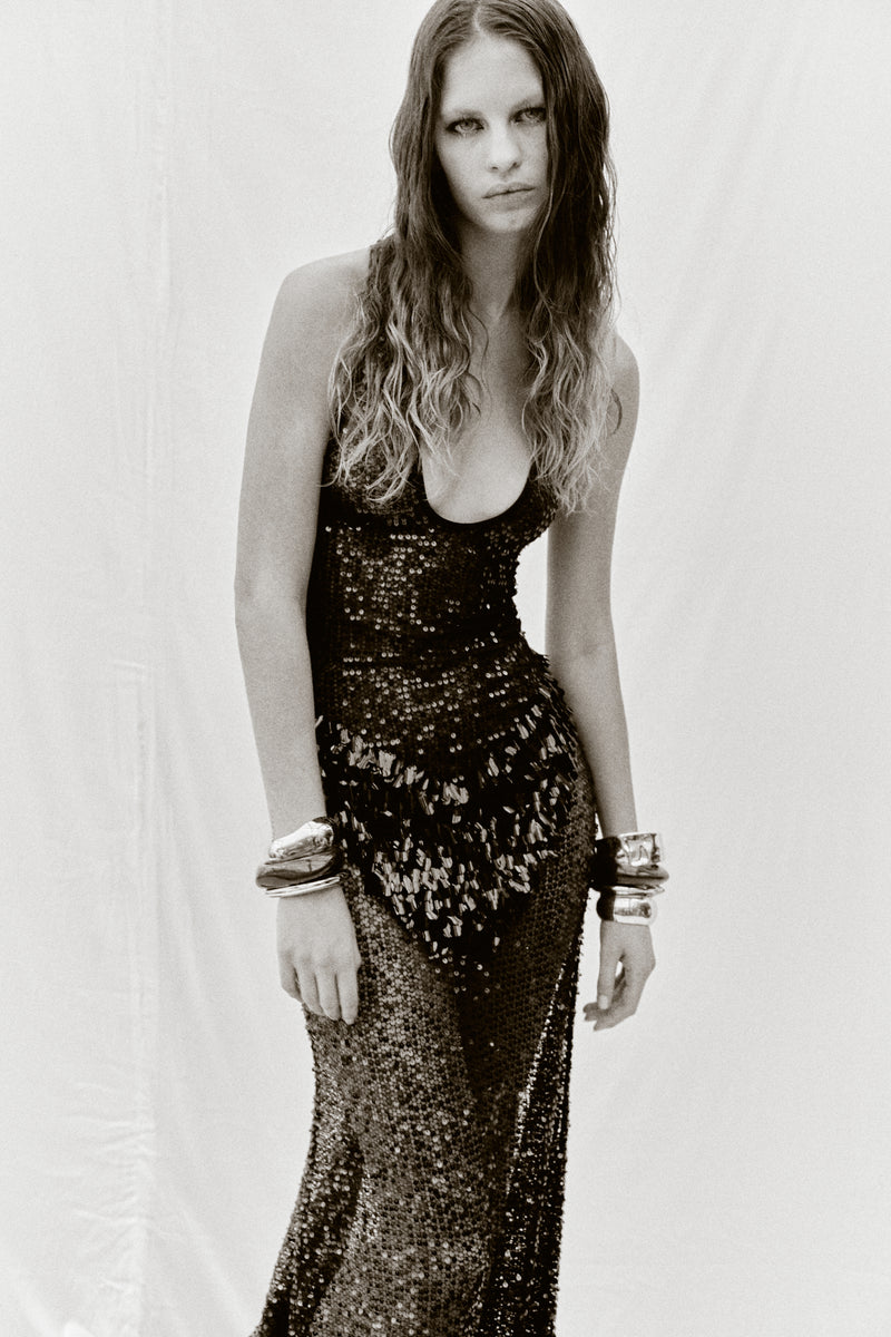 BLACK TRANSPARENT SEQUIN MAXI DRESS