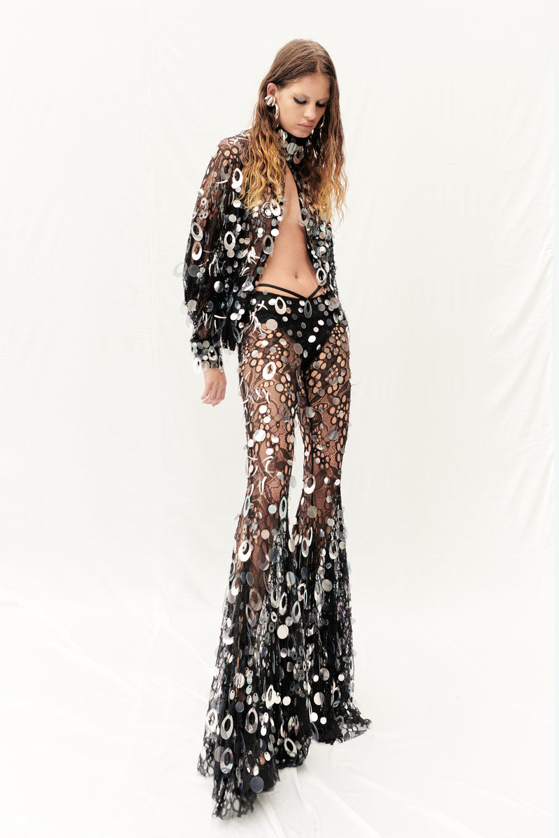 BLACK LACE TOP EMBELLISHED WITH SEQUINS