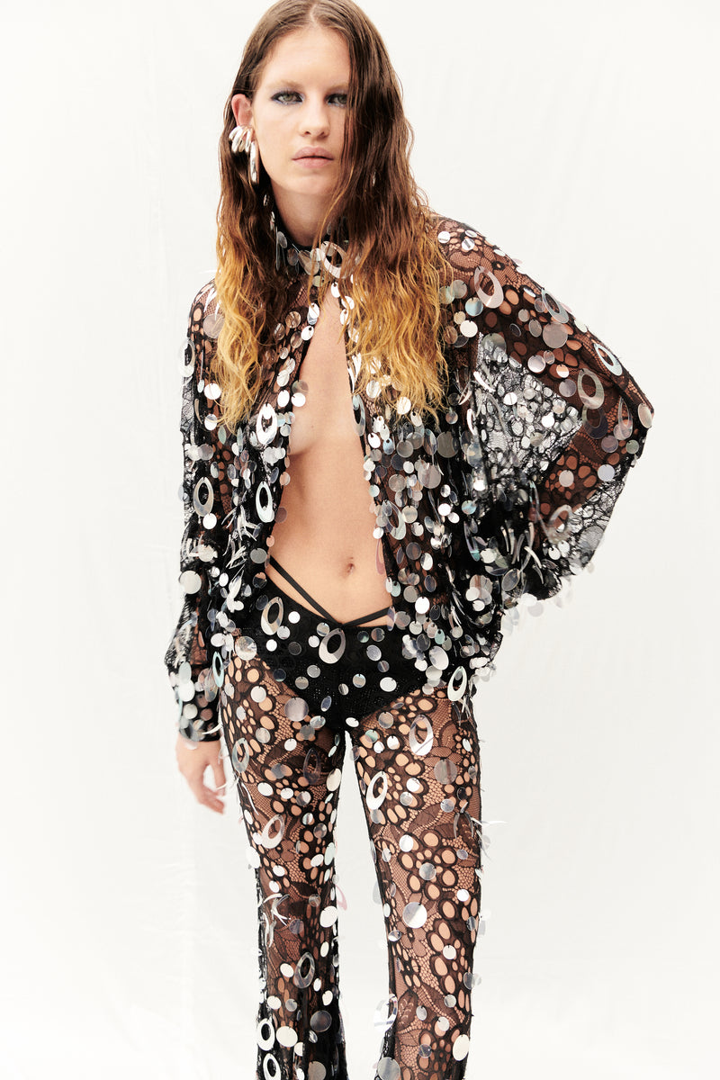 BLACK LACE TOP EMBELLISHED WITH SEQUINS