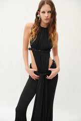 HALTER NECK BLACK  DRAPED JUMPSUIT  EMBELLISHED WITH SEQUINS