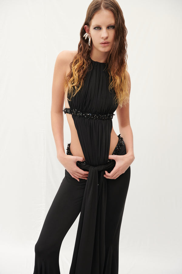 HALTER NECK BLACK  DRAPED JUMPSUIT  EMBELLISHED WITH SEQUINS