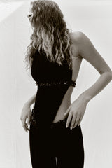 HALTER NECK BLACK  DRAPED JUMPSUIT  EMBELLISHED WITH SEQUINS