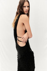 HALTER NECK FRINGED MAXI DRESS