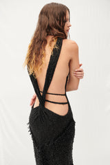 HALTER NECK FRINGED MAXI DRESS