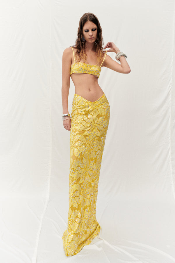 YELLOW LACE FLORAL MAXI SKIRT