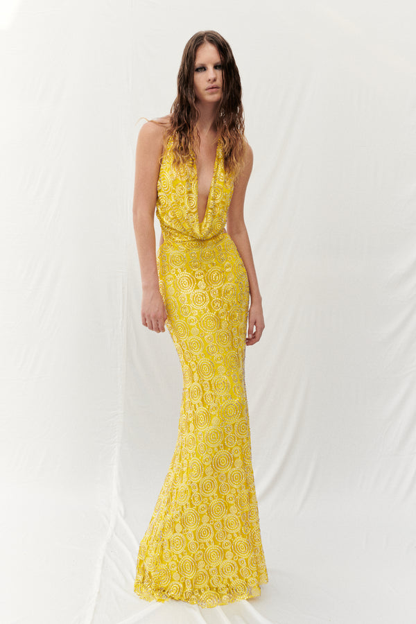 STONE TRIM LACE MAXI DRESS