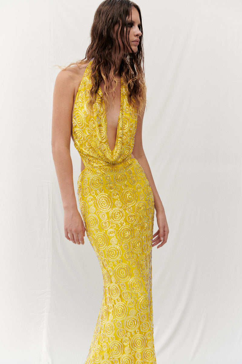 STONE TRIM LACE MAXI DRESS