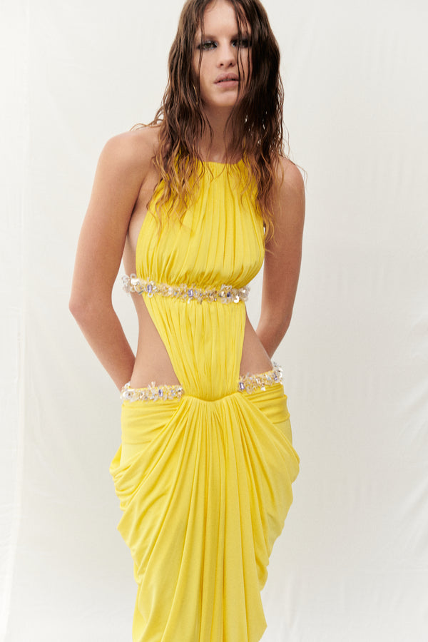 HALTER NECK CITRINE DRAPED MAXI DRESS EMBELLISHED WITH SEQUINS
