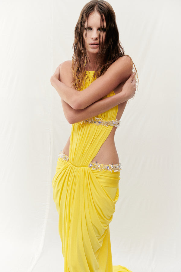 HALTER NECK CITRINE DRAPED MAXI DRESS EMBELLISHED WITH SEQUINS