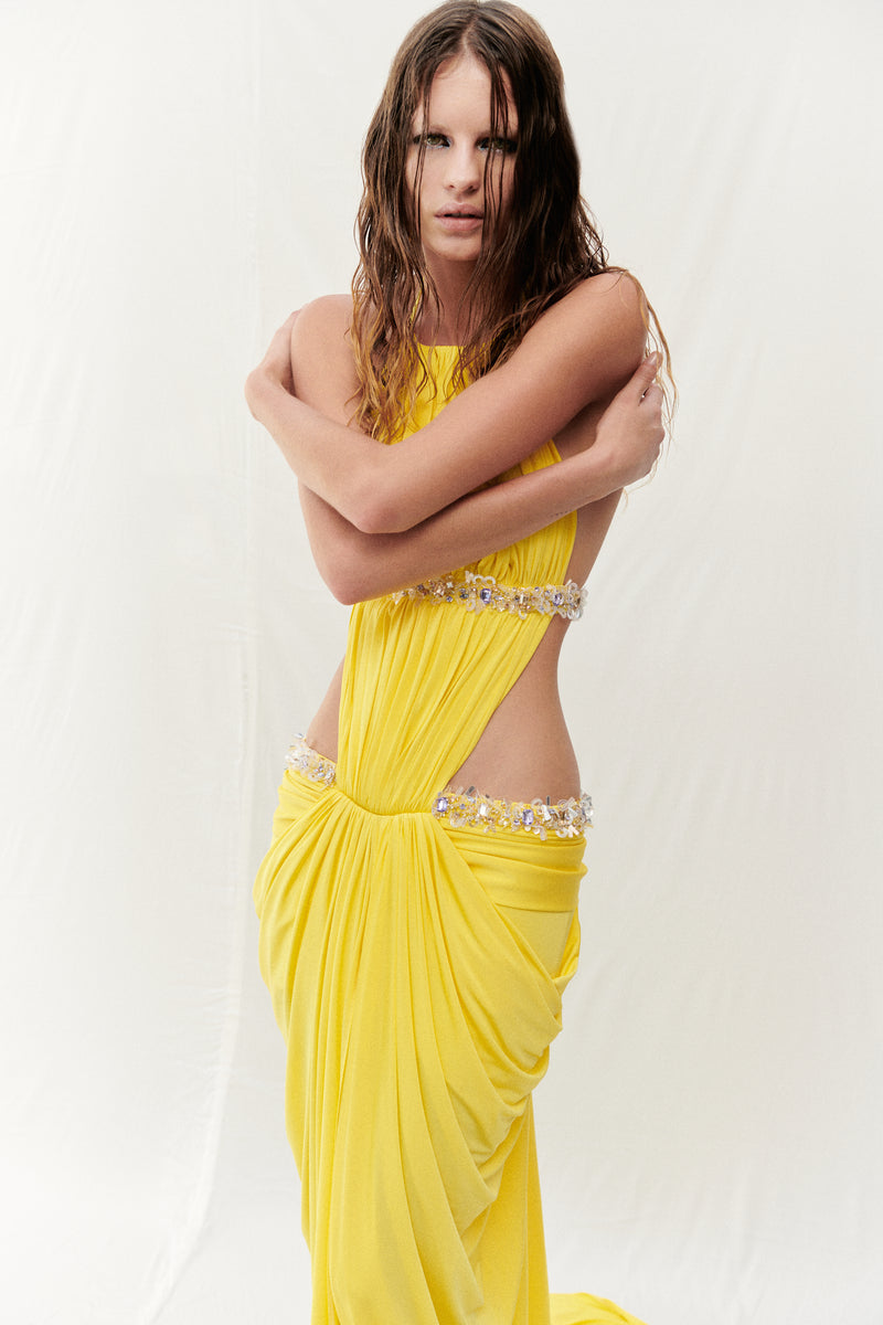 HALTER NECK CITRINE DRAPED MAXI DRESS EMBELLISHED WITH SEQUINS