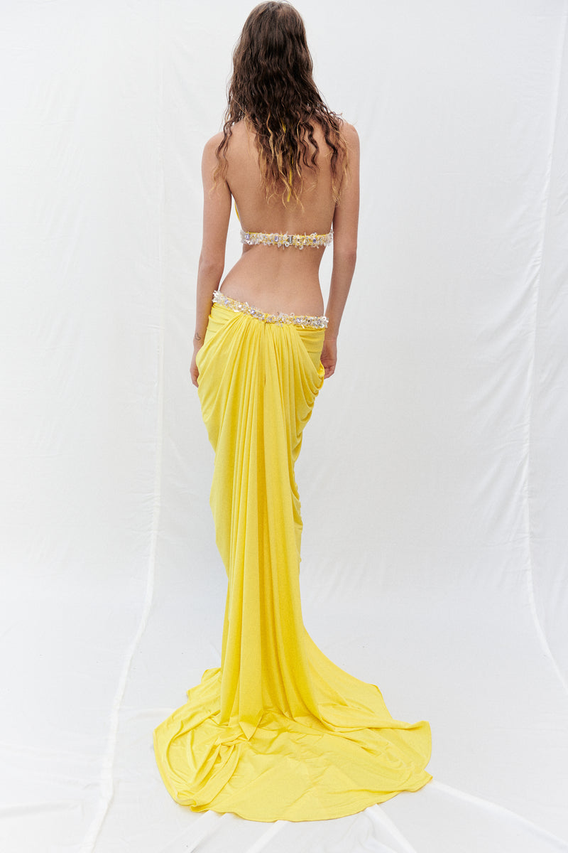 HALTER NECK CITRINE DRAPED MAXI DRESS EMBELLISHED WITH SEQUINS