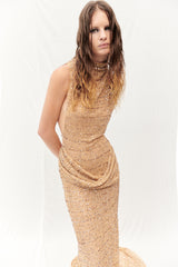 NUDE SEQUIN MAXI DRESS WITH KNOT DETAILS ON BACK