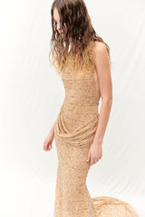 NUDE SEQUIN MAXI DRESS WITH KNOT DETAILS ON BACK