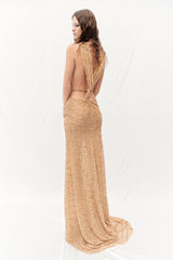 NUDE SEQUIN MAXI DRESS WITH KNOT DETAILS ON BACK