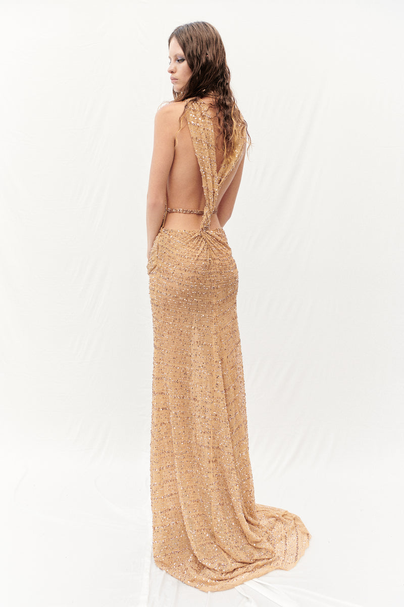 NUDE SEQUIN MAXI DRESS WITH KNOT DETAILS ON BACK