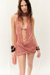 TERRACOTTA MINI DRESS WITH DEEP CUT OUT AND DRAPE DETAILS
