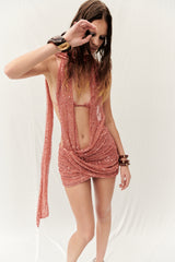 TERRACOTTA MINI DRESS WITH DEEP CUT OUT AND DRAPE DETAILS