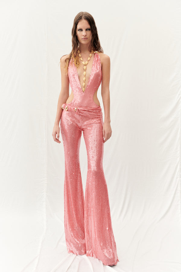 PLUNGING V NECK PINK JUMPSUIT WITH GOLD ACCESSORIES