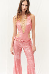 PLUNGING V NECK PINK JUMPSUIT WITH GOLD ACCESSORIES