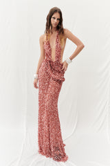 DEEP CUTOUT TERRACOTTA MAXI DRESS EMBELLISHED WITH SEQUINS