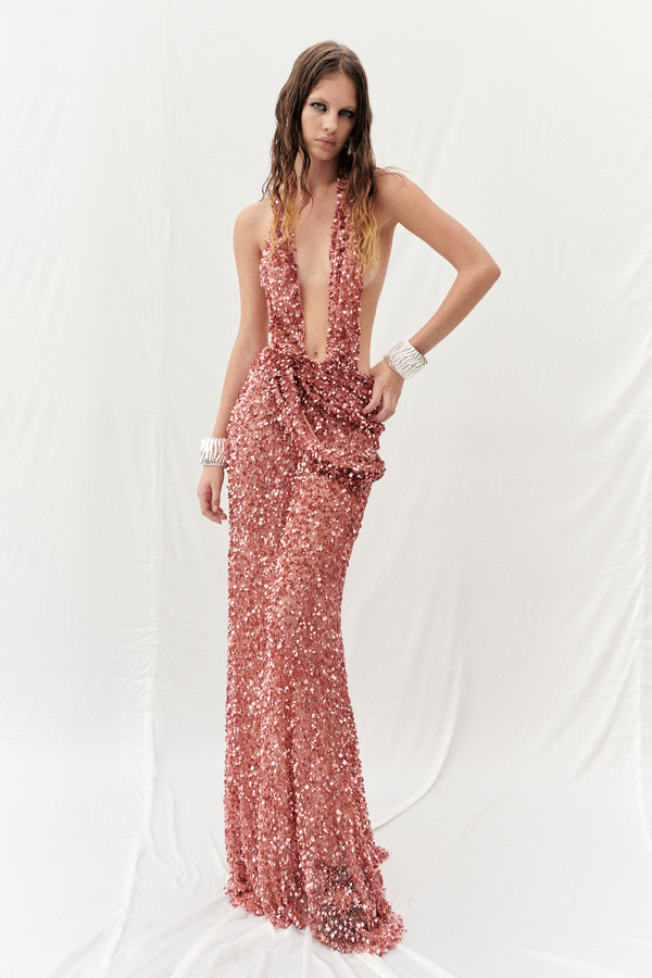 DEEP CUTOUT TERRACOTTA MAXI DRESS EMBELLISHED WITH SEQUINS