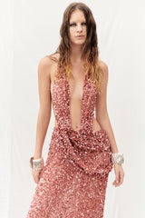 DEEP CUTOUT TERRACOTTA MAXI DRESS EMBELLISHED WITH SEQUINS