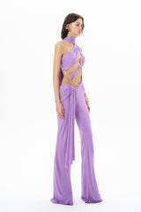 SCARF NECK JUMPSUIT WITH ACCESSORIES AND DRAPE DETAILS