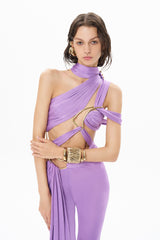 SCARF NECK JUMPSUIT WITH ACCESSORIES AND DRAPE DETAILS