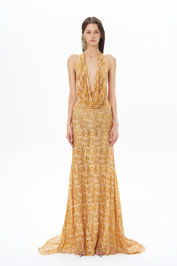 STONE TRIM LACE MAXI DRESS