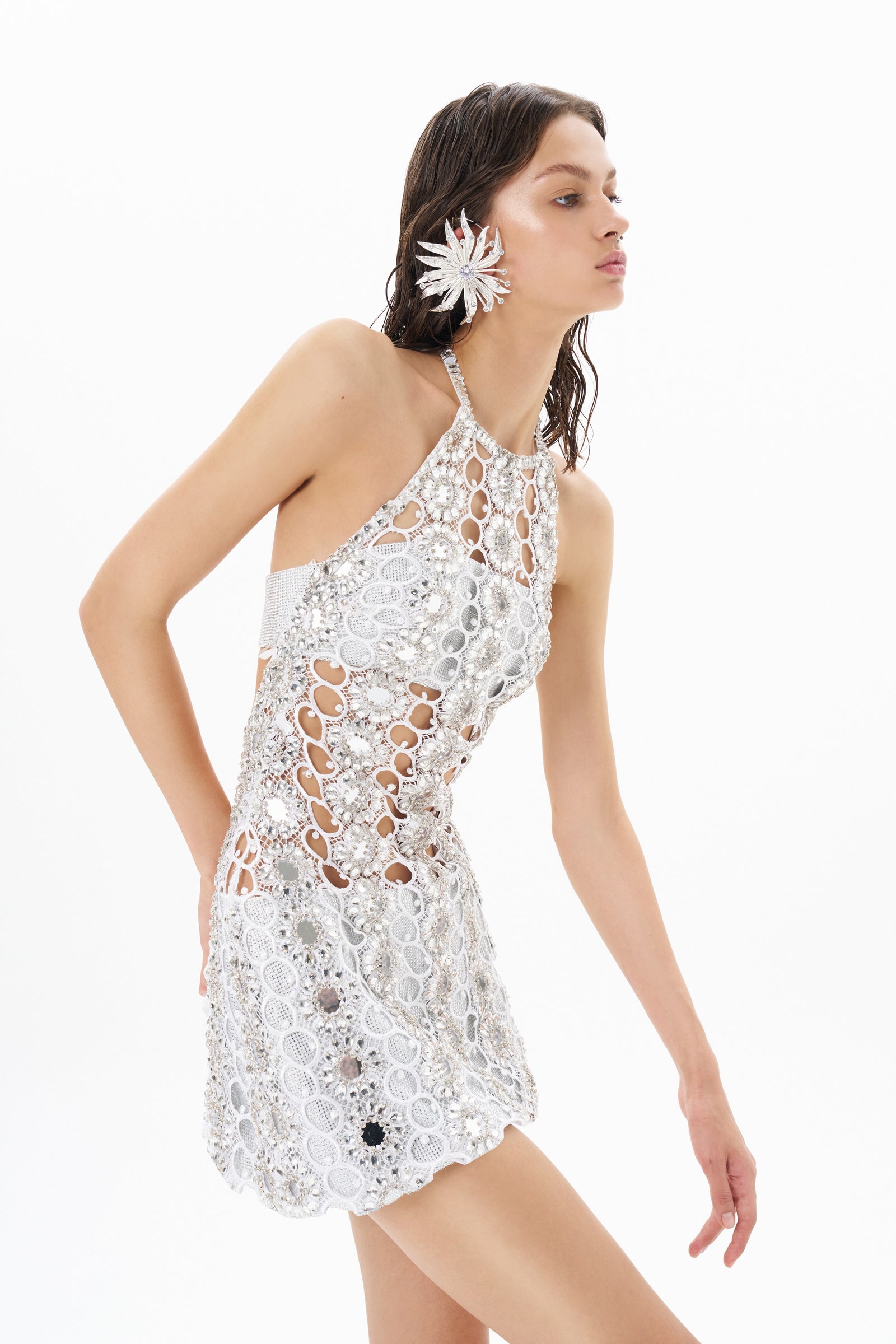 HALTER NECK LACE MINI DRESS EMBELLISHED WITH MIRROR SEQUINS – Fardaofficial HALTER NECK LACE MINI DRESS EMBELLISHED WITH MIRROR SEQUINS – Fardaofficial