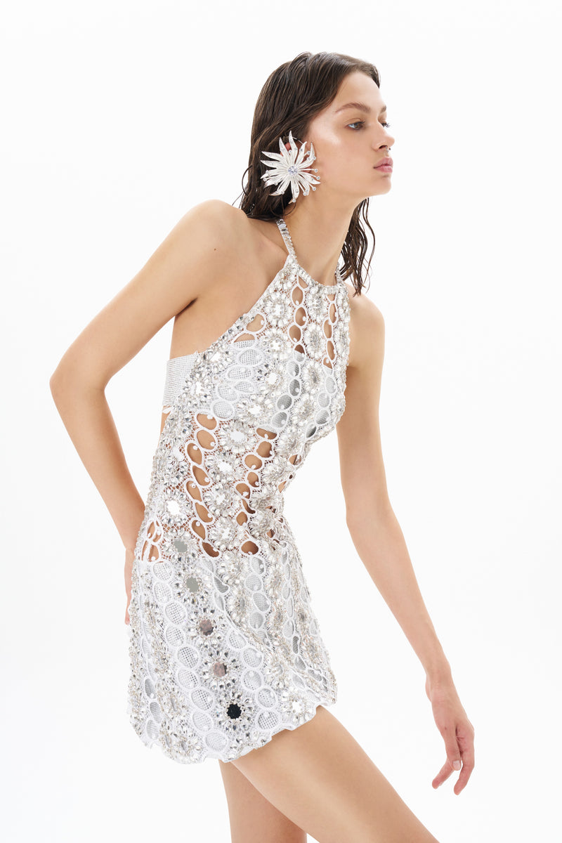 HALTER NECK LACE MINI DRESS EMBELLISHED WITH MIRROR SEQUINS Fardaofficial HALTER NECK LACE MINI DRESS EMBELLISHED WITH MIRROR SEQUINS Fardaofficial