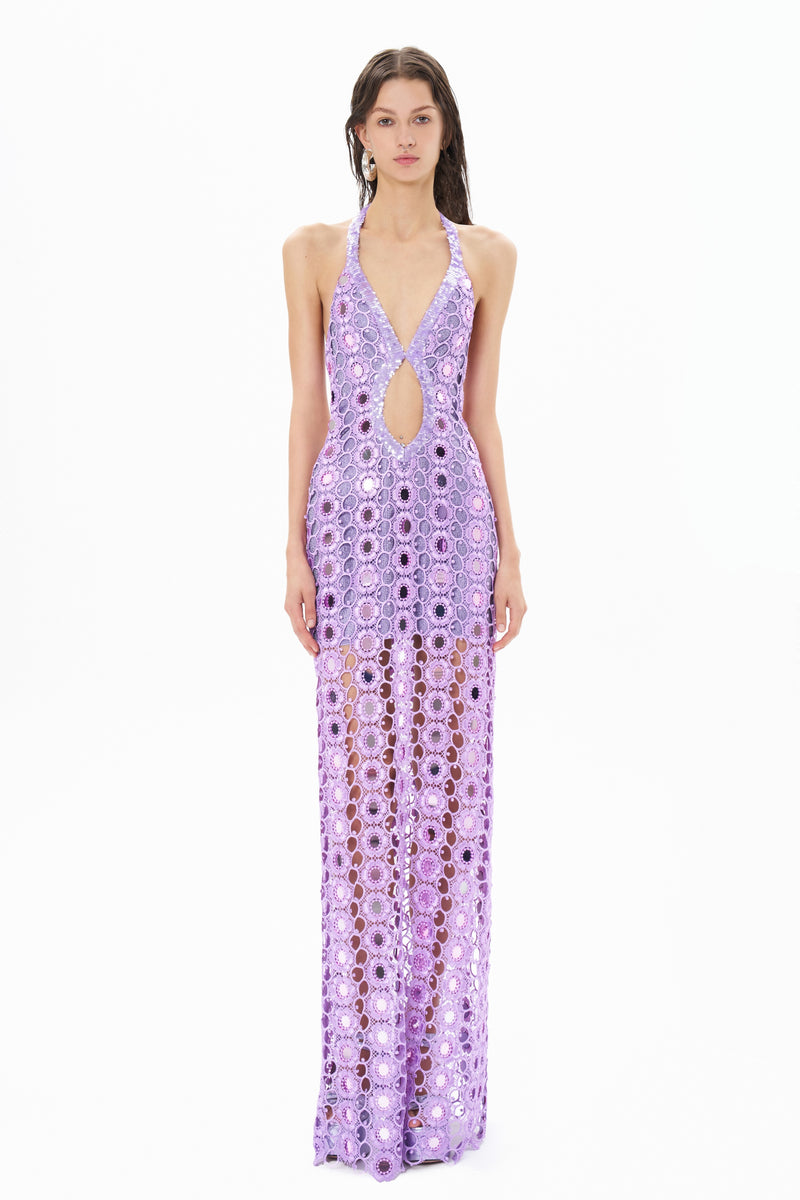 LILAC LACE MAXI DRESS EMBELLISHED WITH MIRROR SEQUINS LILAC LACE MAXI DRESS EMBELLISHED WITH MIRROR SEQUINS